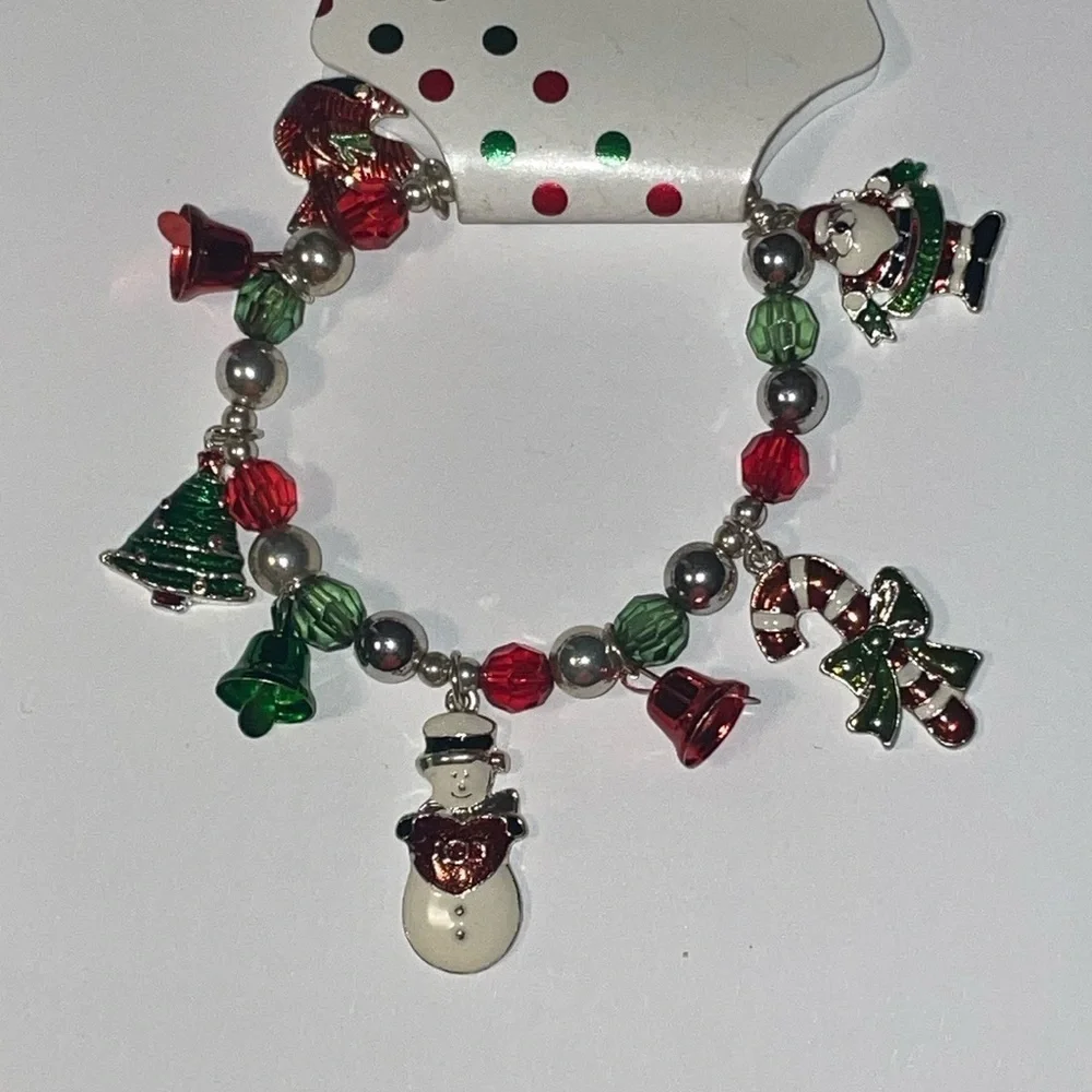 New Beaded Stretch Dangle Christmas Holiday Santa Snowman Bracelet